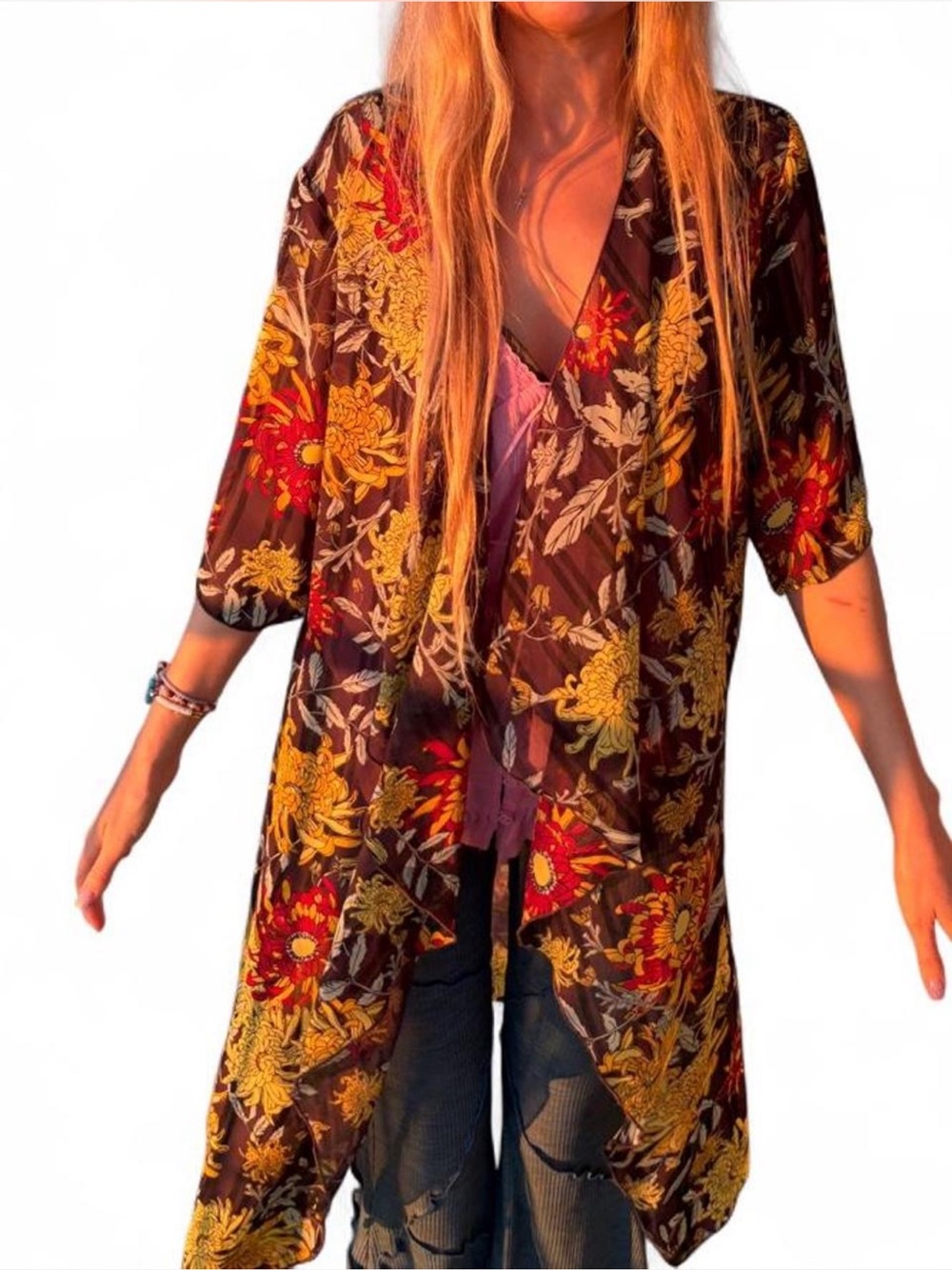 Boho summer sheer floral shabby chic kimono cardigan S - Picture 3 of 7